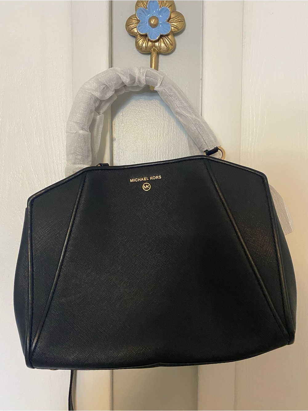 Michael Kors Black Saffiano Satchel with Gold Logo
